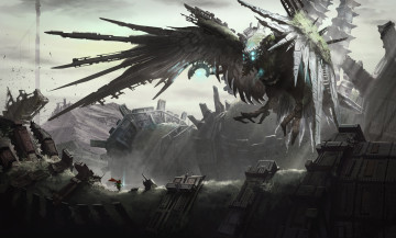 Картинка фэнтези роботы +киборги +механизмы руины птица киберпанк механизм фантастика крылья герой арт человек