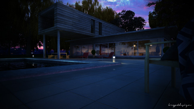 Обои картинки фото 3д графика, архитектура , architecture, деревья, ночь, освещение, бассейн, двор, дом