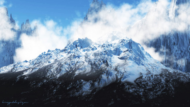 Обои картинки фото 3д графика, природа , nature, туман, снег, горы