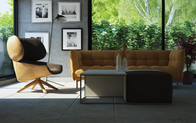 Обои картинки фото 3д графика, реализм , realism, стол, кресло, диван, интерьер, комната, картины, подушки