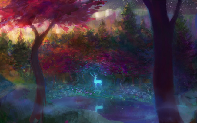Обои картинки фото фэнтези, призраки, арт, олень, дух, лес, деревья, свечение, ручей, туман