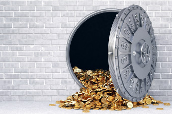 Картинка разное золото +купюры +монеты монеты сейф стена