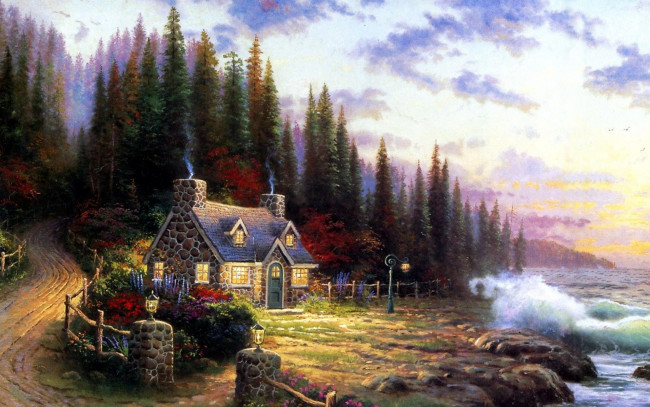 Обои картинки фото рисованное, thomas kinkade, дом, море, берег, двор, деревья, фонарь, тучи, небо, лес
