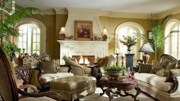 Картинка интерьер гостиная диваны окна цветы столик кресла статуэтки картина камин
