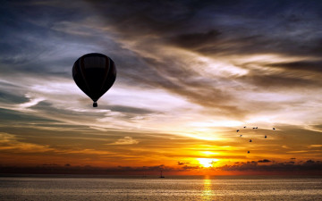 обоя авиация, воздушные шары, птицы, море, закат, шар, воздушный