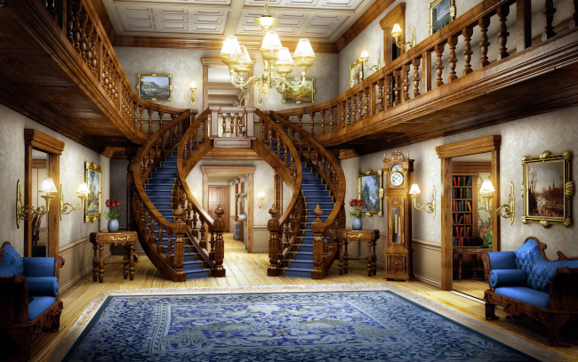 Обои картинки фото интерьер, холлы,  лестницы,  корридоры, ковер, лестница, люстра