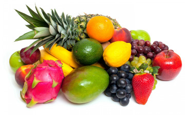 обоя еда, фрукты и овощи вместе, апельсин, виноград, клубника