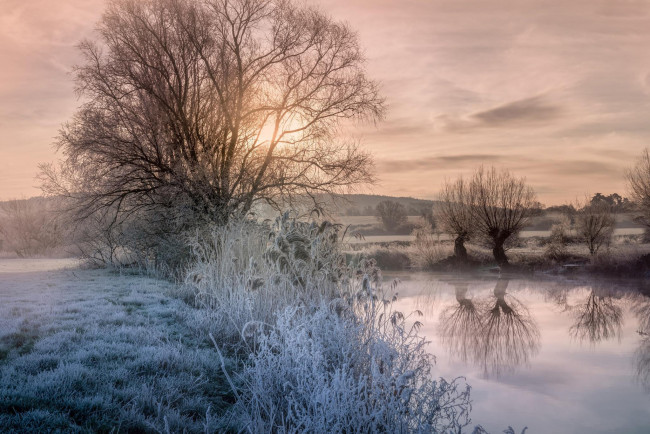 Обои картинки фото природа, зима, иней, река