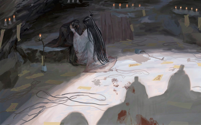 Обои картинки фото аниме, mo dao zu shi, вэй, усянь, лань, ванцзы, свечи, пещера, кровь, тени