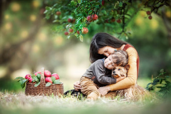 Картинка разное люди женщина ребенок собака яблоки корзина