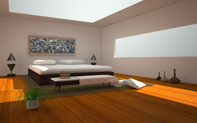 Обои картинки фото 3д, графика, realism, реализм, комната, кровать, стол, вазы, растение