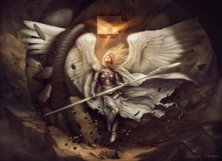 Картинка фэнтези ангелы копье крылья ангел доспехи куб