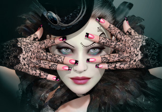 Картинка 3д+графика портрет+ portraits перья макияж маникюр пальцы руки лицо девушка