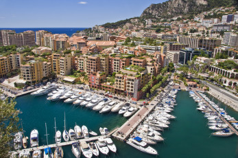обоя fontvieille,  monaco, города, фонвьей , монако, здания, яхты, катера, причалы, порт, фонвьей, monaco, набережная, панорама, бухта, гавань