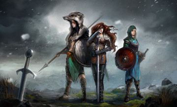 Картинка фэнтези девушки мечи доспехи воины щиты