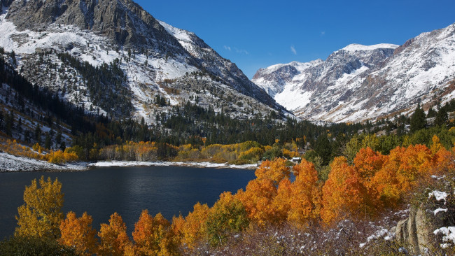 Обои картинки фото природа, реки, озера, осень, листва, деревья, снег, озеро