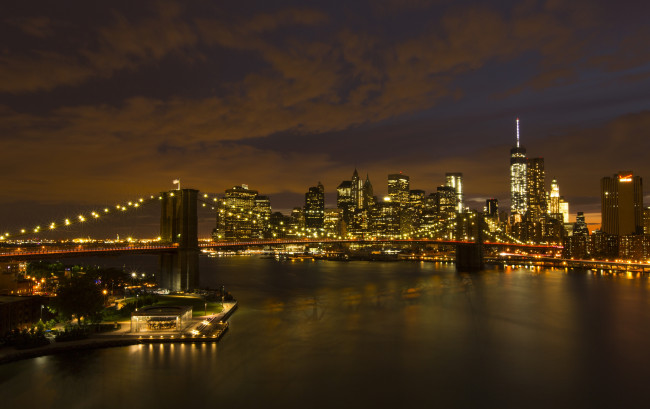 Обои картинки фото города, нью-йорк , сша, ночь, огни, мост