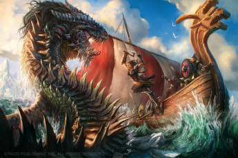 Картинка фэнтези драконы корабль монстр воительница прыжок