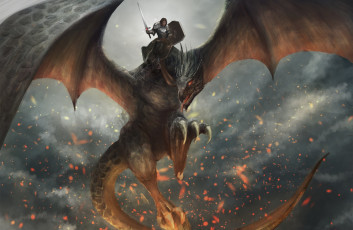 Картинка фэнтези драконы огонь меч доспехи воин дракон наездник крылья