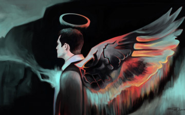 Картинка фэнтези ангелы арт крыло нимб парень ангел