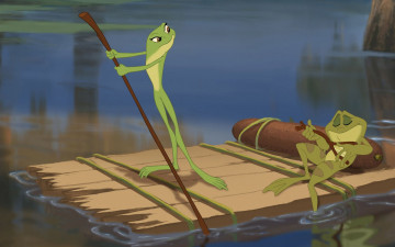 обоя мультфильмы, the princess and the frog, лягушки, плот, водоем