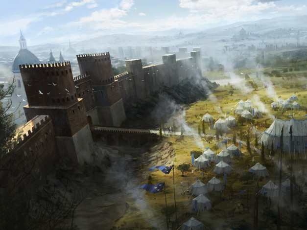 Обои картинки фото assassin`s creed, видео игры, мост, крепость, палатки
