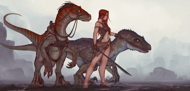 Обои картинки фото фэнтези, красавицы и чудовища, меч, рыжая, фантастика, девушка, dinosaur, raptor