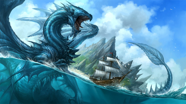 Обои картинки фото фэнтези, драконы, арт, дракон, море, вода, корабль