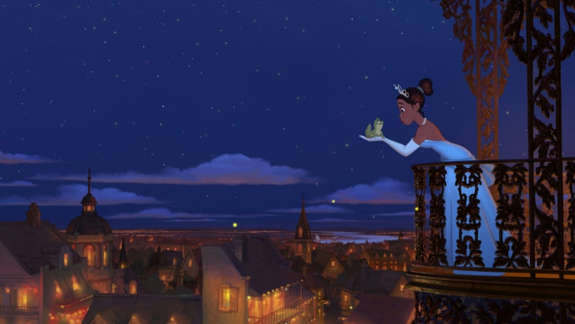 Обои картинки фото мультфильмы, the princess and the frog, принцесса, балкон, город, лягушки