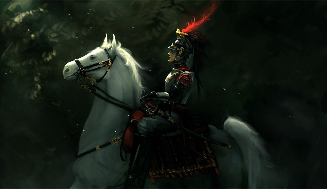 Обои картинки фото фэнтези, люди, арт, лошадь, всадник, солдат, ветки, кокарда, меч