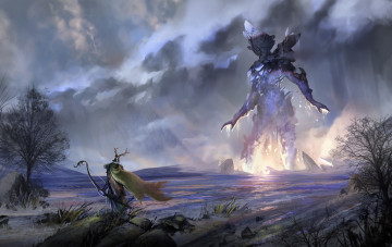 Картинка фэнтези существа поле лук воин гигант монстр