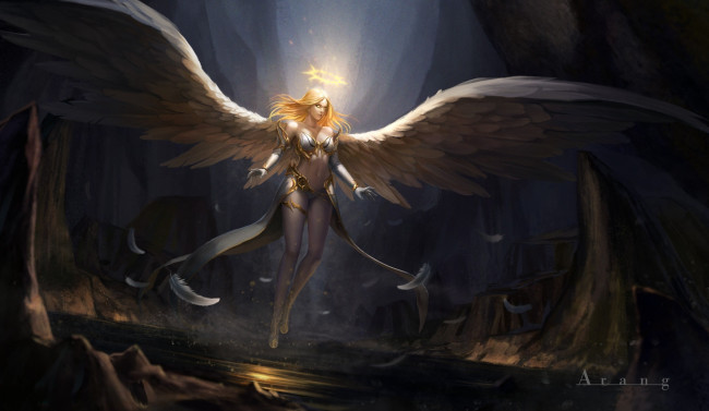 Обои картинки фото фэнтези, ангелы, перья, девушка, взгляд, арт, ангел, angel, крылья