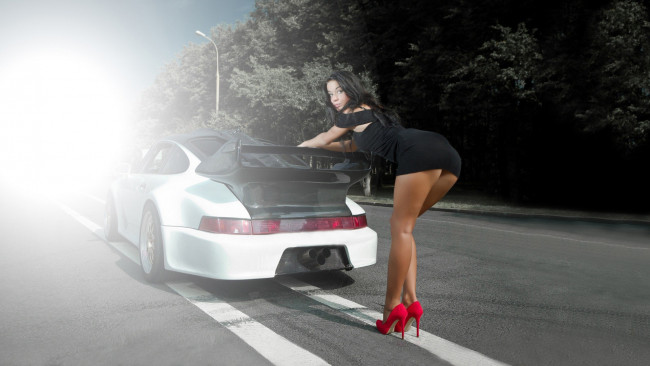 Обои картинки фото автомобили, -авто с девушками, porsche, платье, туфли