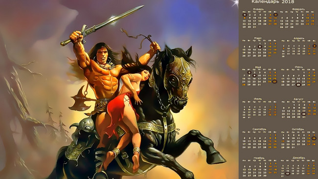 Обои картинки фото календари, фэнтези, мужчина, конь, женщина, оружие, лошадь