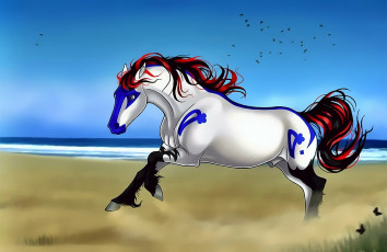 Картинка рисованное животные +лошади конь берег