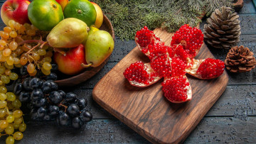 Картинка еда фрукты +ягоды виноград гранат груши шишки