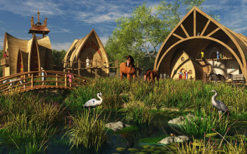 Картинка 3д графика fantasy фантазия аисты дома лошади