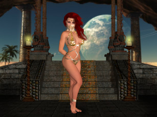 Картинка 3д+графика фантазия+ fantasy фон рыжая взгляд девушка свечи луна лестница