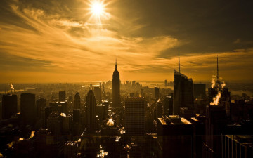 Картинка города нью-йорк+ сша небо панорама дома здания город облака солнце