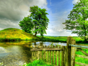 Картинка природа реки озера забор пруд лето облака небо зелень поле деревья камыши трава