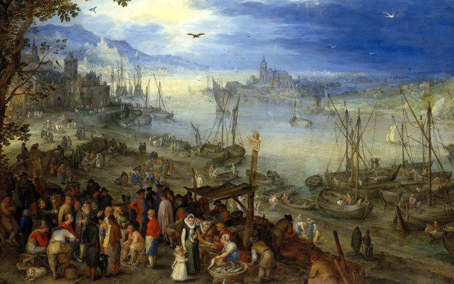 Обои картинки фото рисованное, живопись, люди, пейзаж, лодки, картина, рыбный, рынок, на, берегу, реки, Ян, брейгель, старший