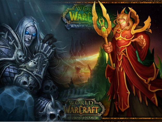 Обои картинки фото видео игры, world of warcraft,  the burning crusade, король-лич, эльф, посох