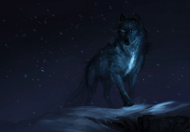 Обои картинки фото рисованное, животные,  волки, волк, снег, скала