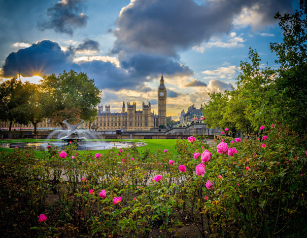Обои картинки фото города, лондон , великобритания, парк, фонтан, цветы