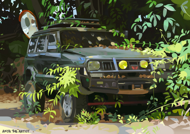 Обои картинки фото рисованное, авто, мото, машина, джип, лес