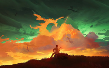 Картинка фэнтези иные+миры +иные+времена облака драконы