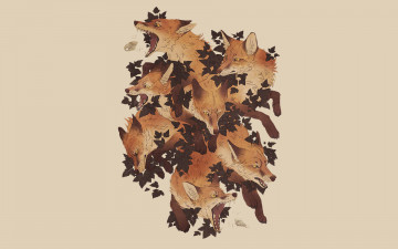 обоя рисованное, животные,  лисы, лисы, листья