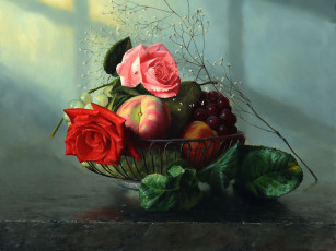 Картинка alexei antonov рисованные алексей антонов роза ваза яблоко виноград