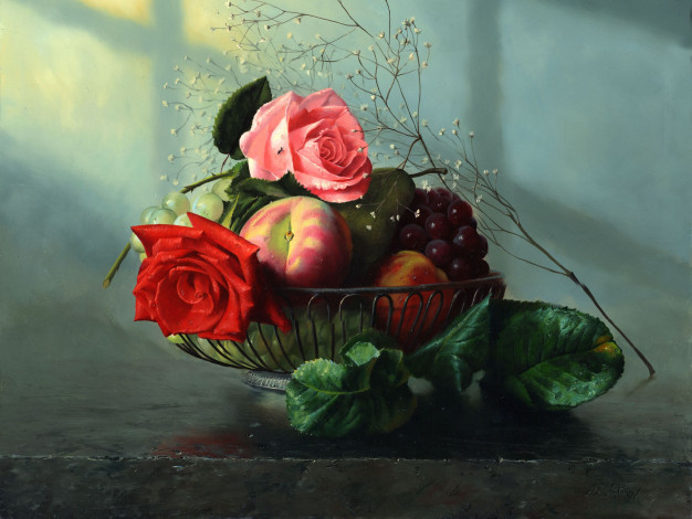 Обои картинки фото alexei, antonov, рисованные, алексей, антонов, роза, ваза, яблоко, виноград