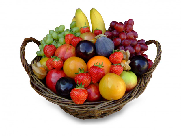 Обои картинки фото еда, фрукты, ягоды, апельсин, виноград, банан, клубника, корзина